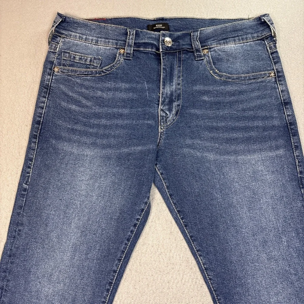 True Religion Men Ricky Relaxed Straight Blue Denim Jean Logo Size 36 (38x34)